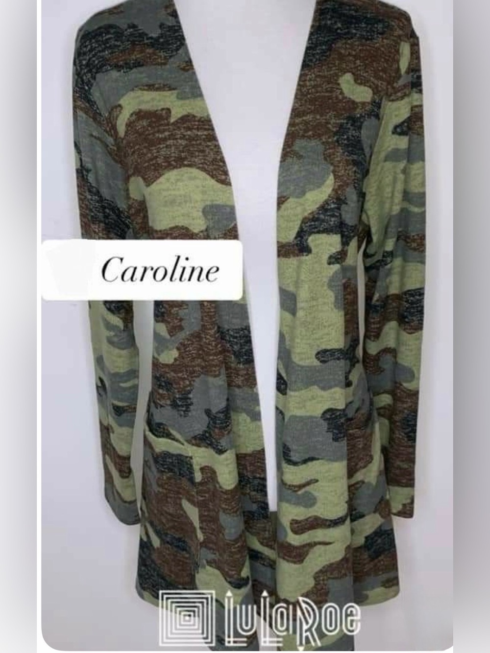 Lularoe Caroline Open Front Camo Cardigan Green Gray Black Maroon Camouflage L